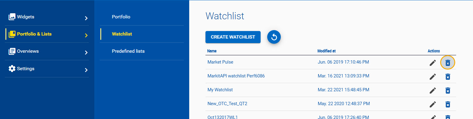 Deleting a watchlist from the Trading Dashboard's main menu. 